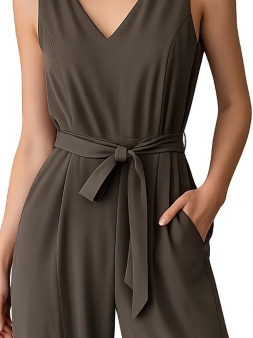 Calvin Klein Olive Sleeveless V-Neck Jumpsuit with Waist Tie NWT